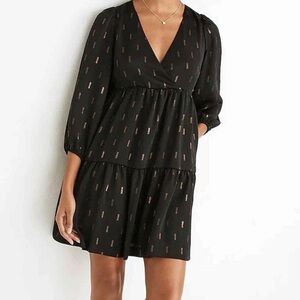 Madewell Black & Gold‎ Metallic Jacquard Faux-Wrap Tiered Mini Dress Sz XS Party